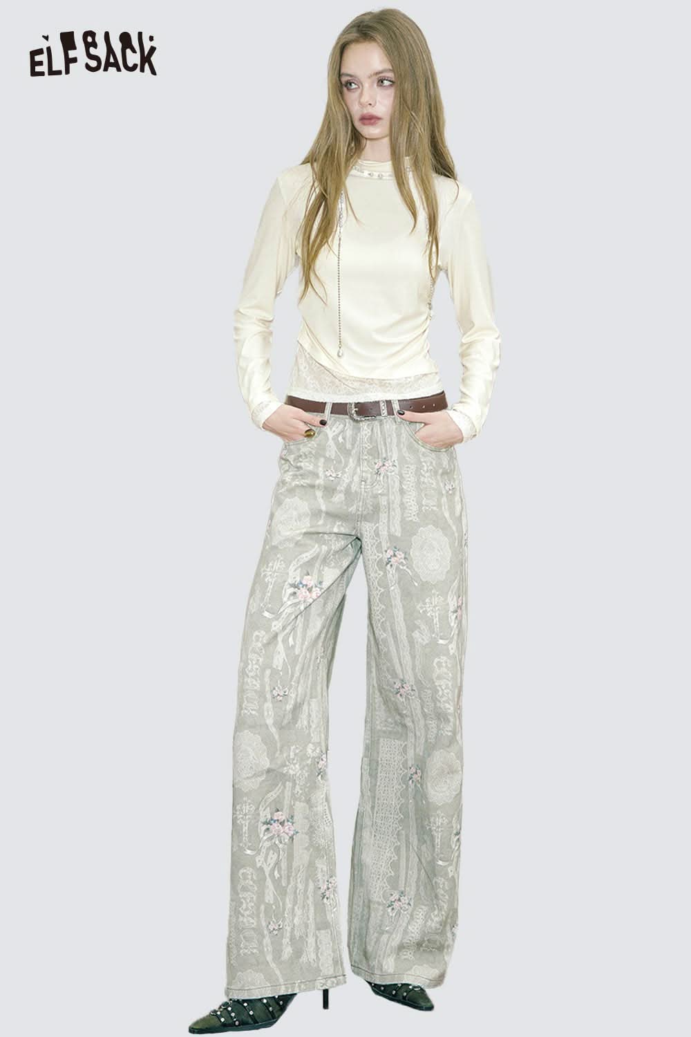ELFSACK minimalist lace panel long sleeve tee in cream paired with patterned wide-leg pants for a stylish look