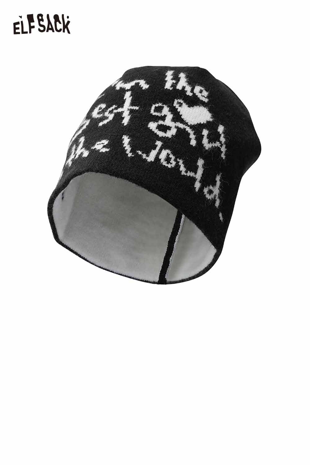 Black ELFSACK minimalist letter graphic beanie with unique white text design