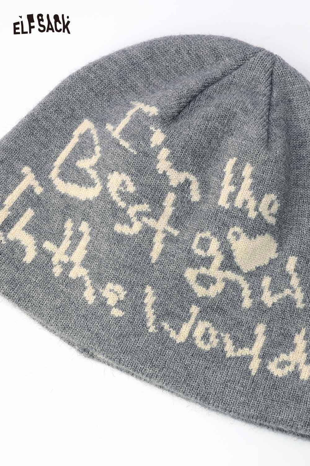 ELFSACK minimalist letter graphic beanie in gray with white text design