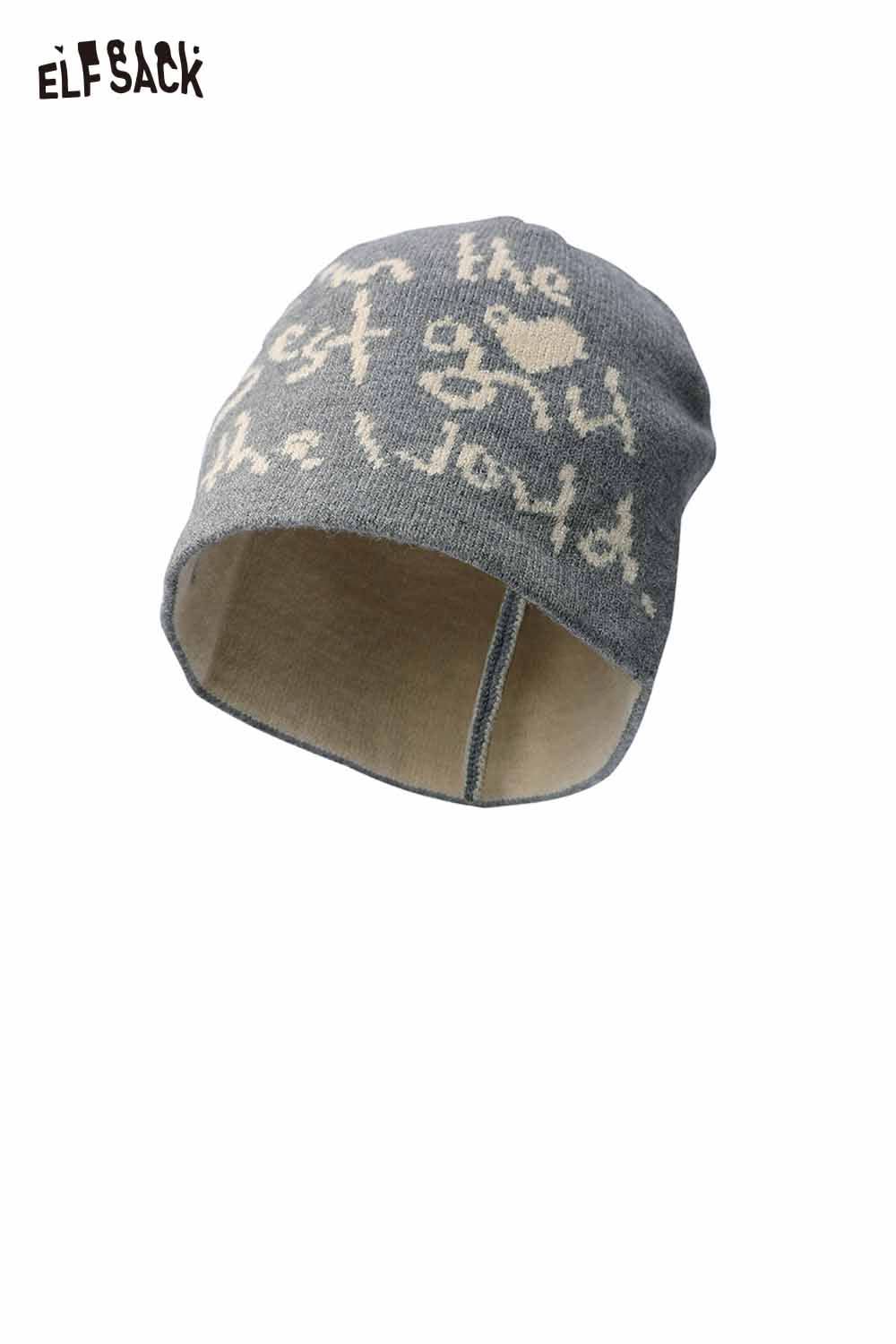 ELFSACK minimalist letter graphic beanie in gray with white text for casual winter style