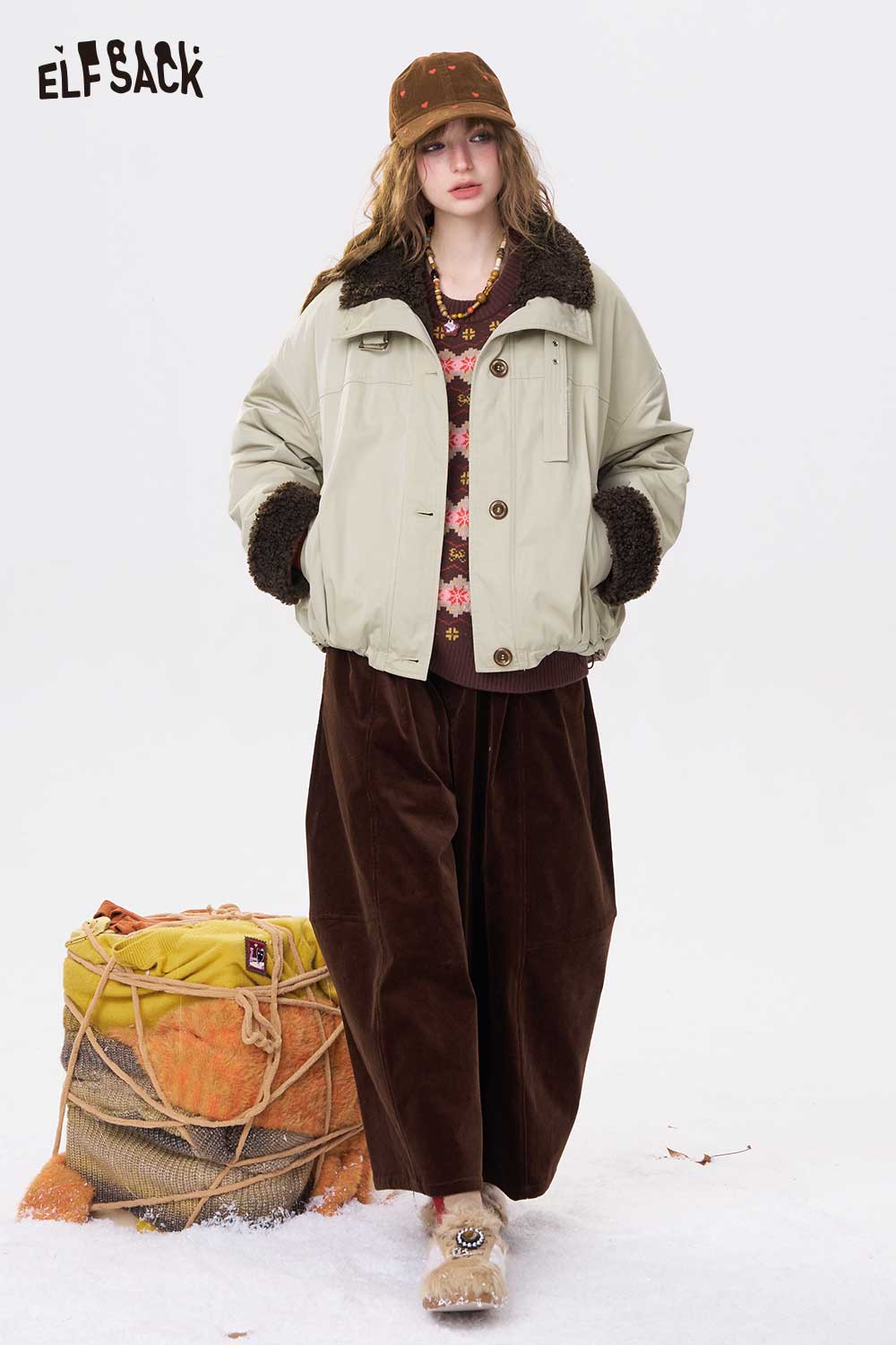 ELFSACK minimalist plush lined coat in light green with soft fur detailing for stylish warmth