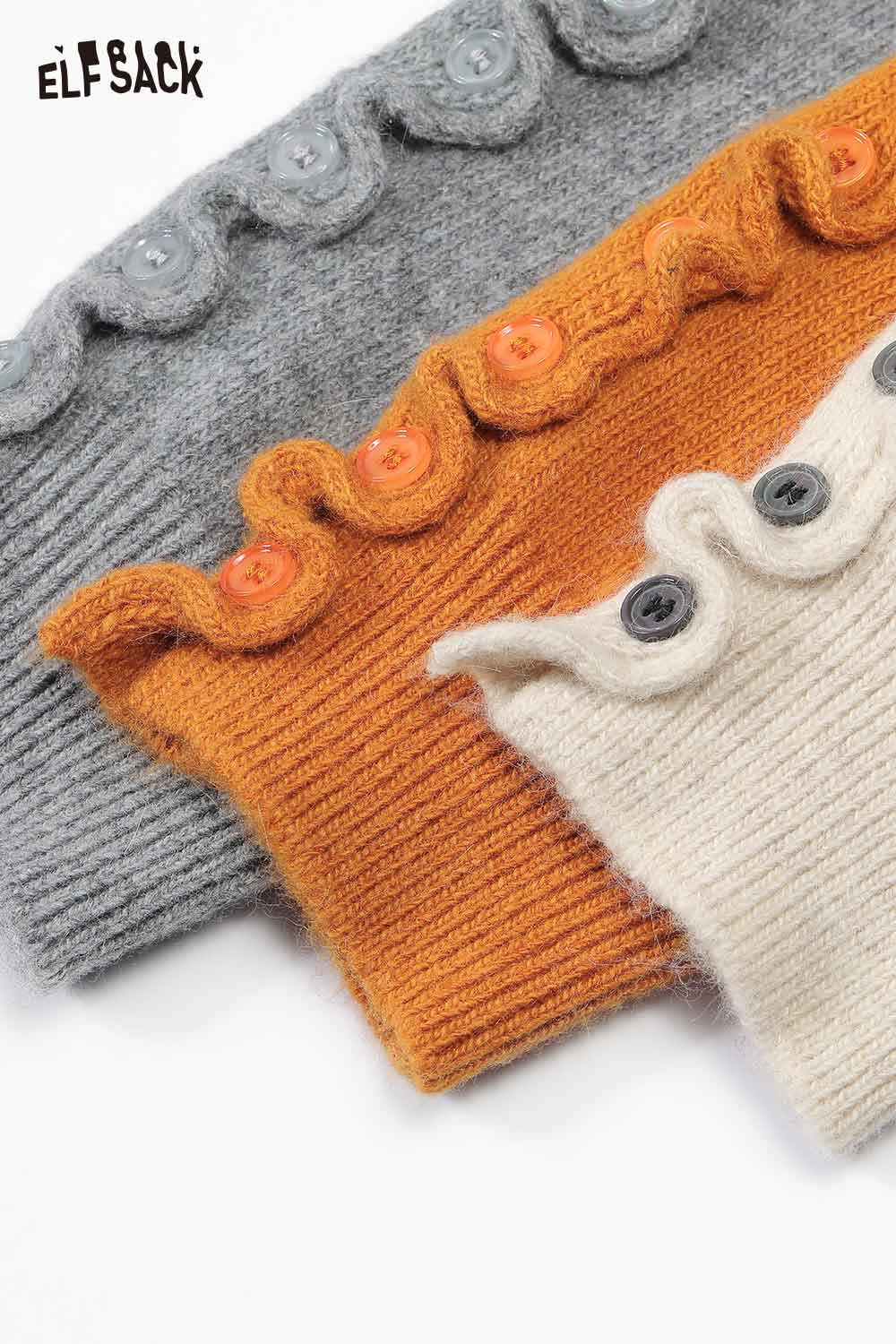 ELFSACK minimalist ruffle button knitwear in gray, orange, and cream with decorative buttons