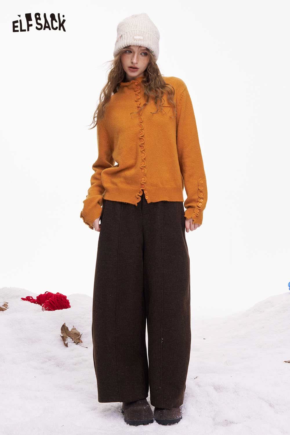 ELFSACK Minimalist Ruffle Button Knitwear in Orange with a Cozy Look for Stylish Layering