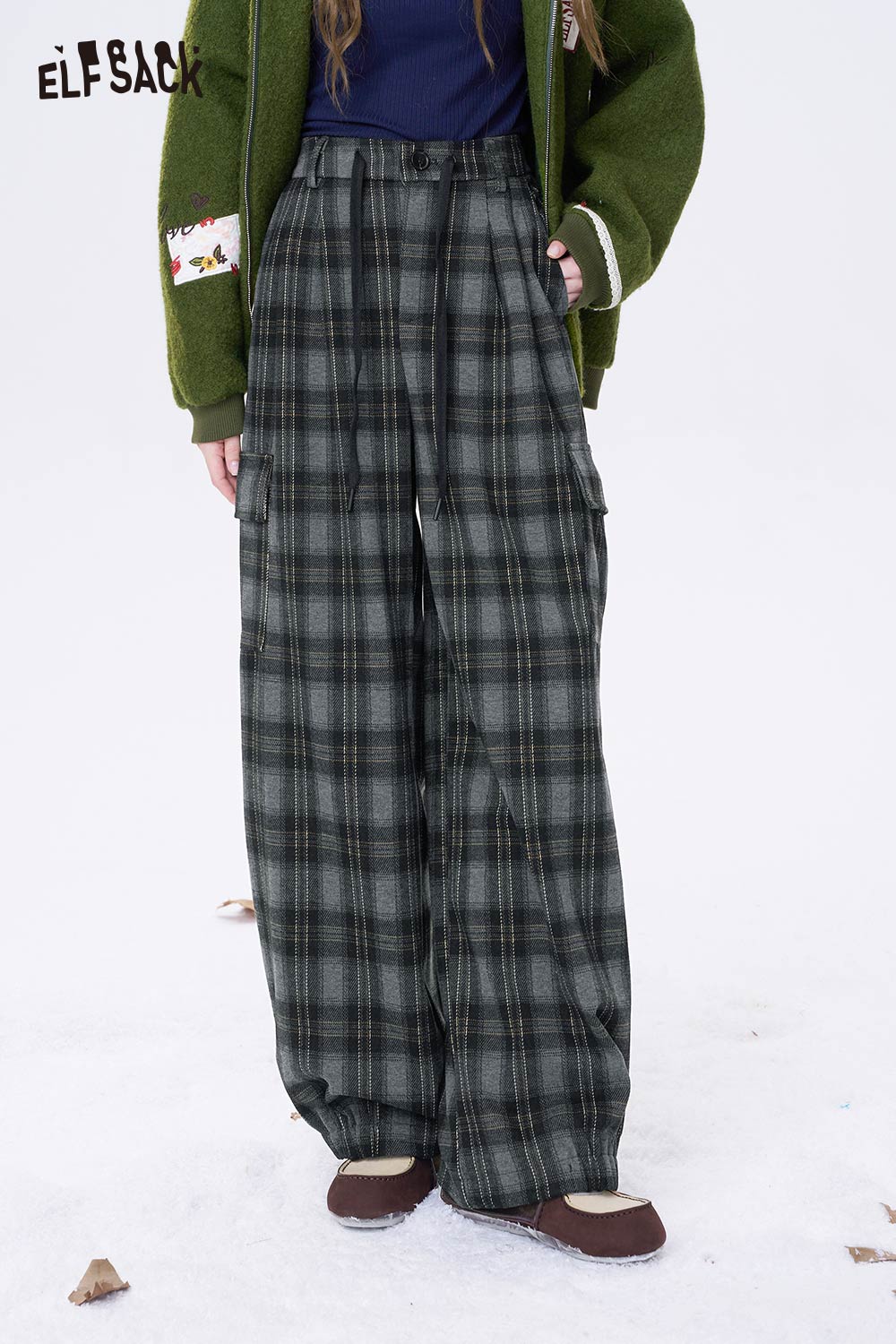 ELFSACK minimalist stripe wide leg pants in a plaid pattern for a stylish and comfortable look