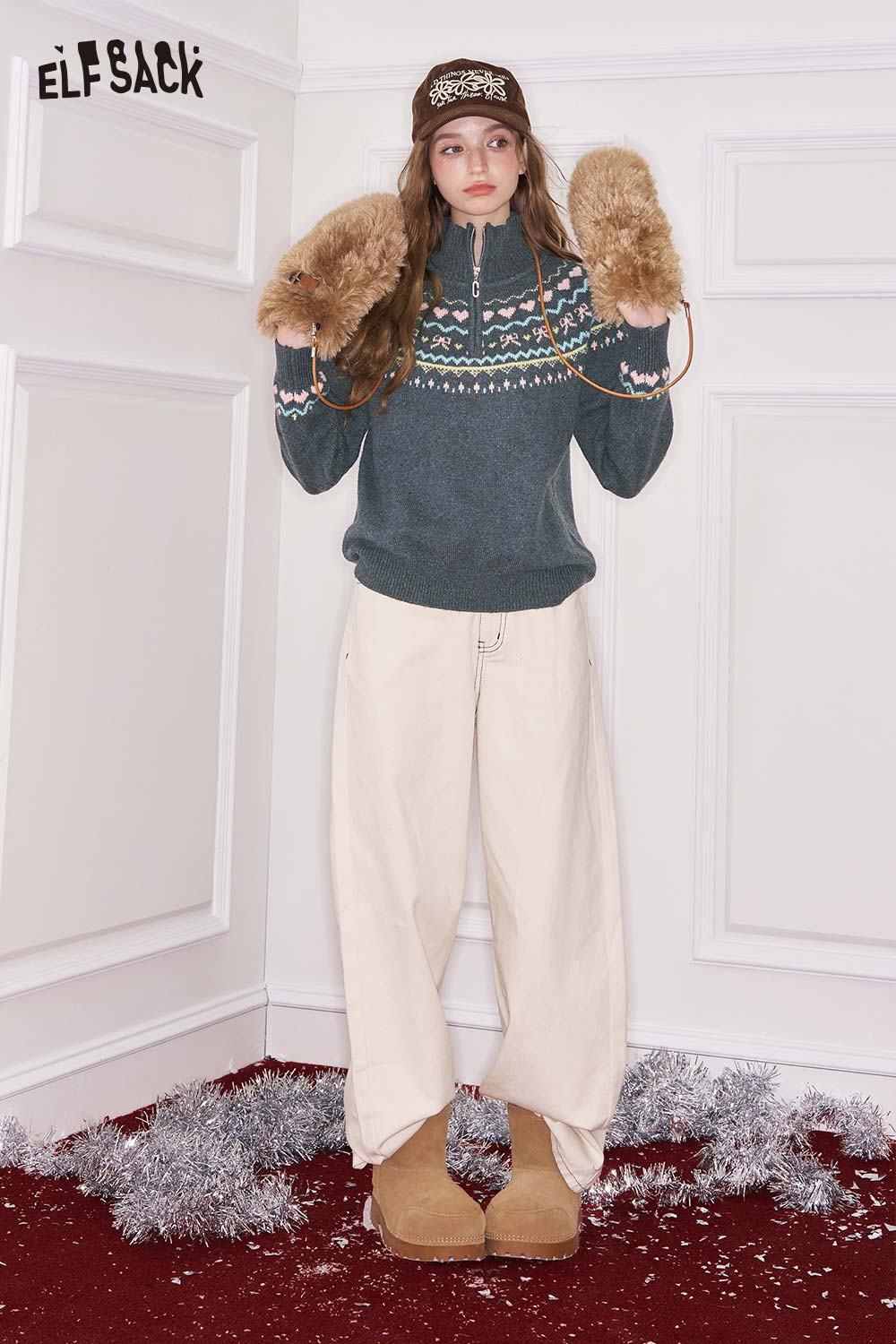 ELFSACK minimalist stripe zipper sweater in gray, styled with cozy fur mittens and flowy pants