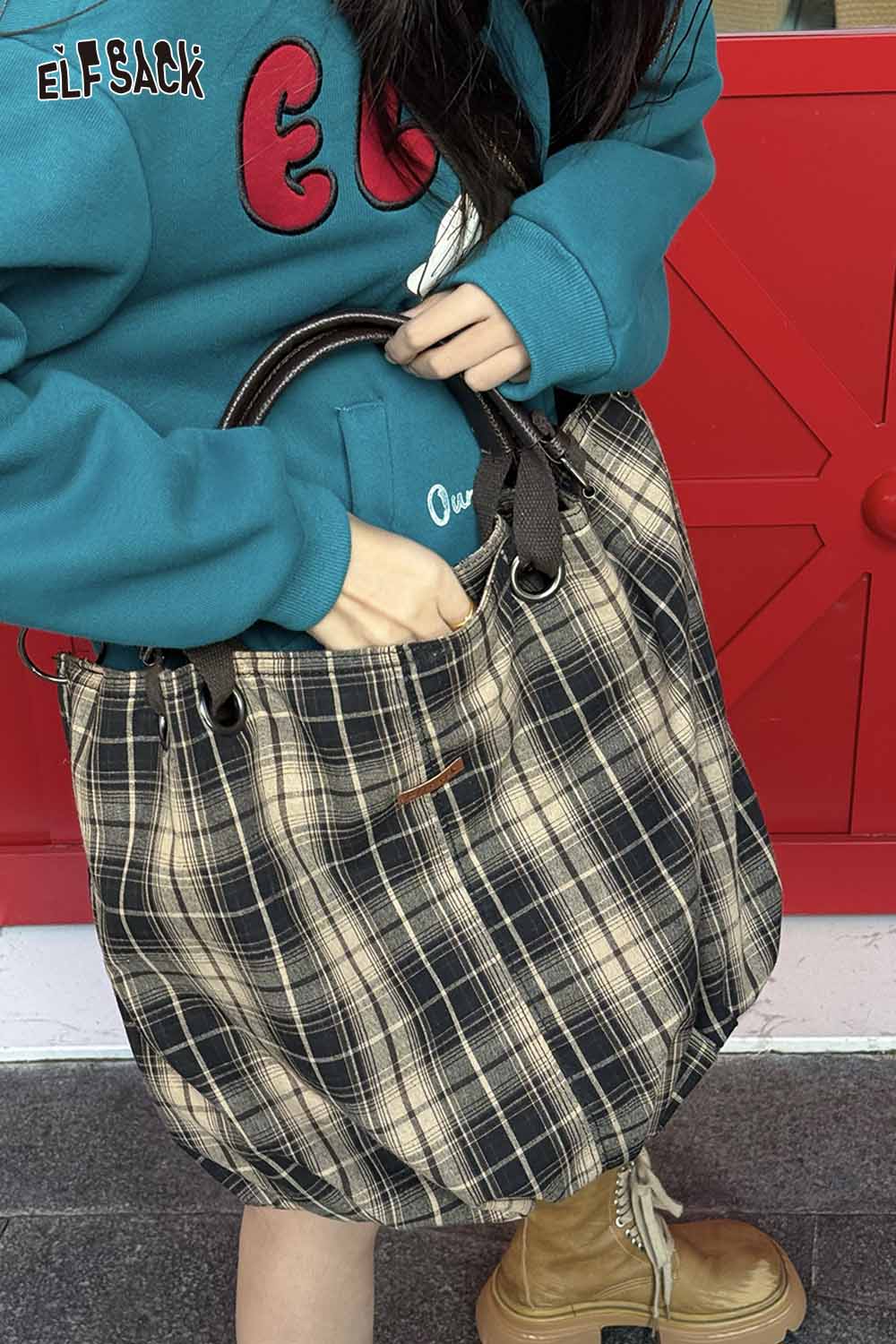 ELFSACK minimalist striped crossbody tote bag in plaid design for casual everyday use