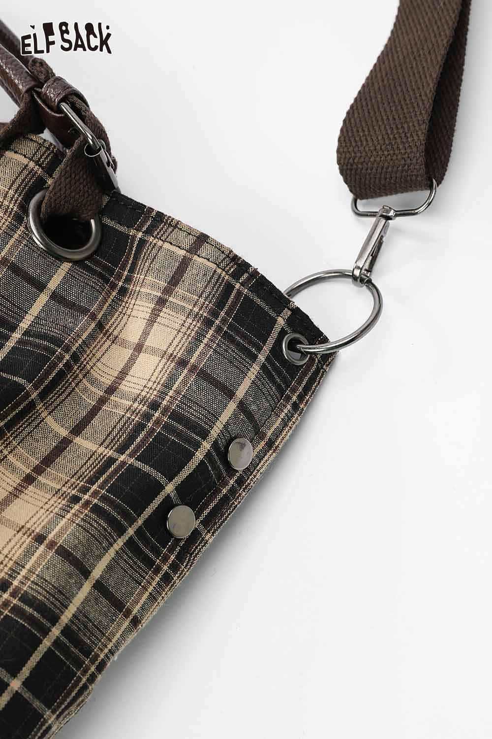 ELFSACK minimalist striped crossbody tote bag featuring a stylish plaid design and adjustable strap