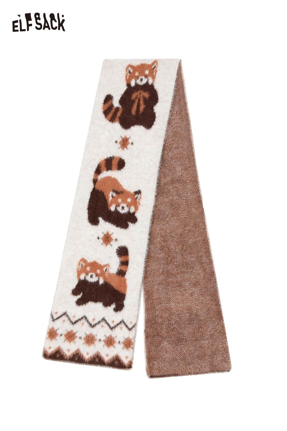 ELFSACK minimalist striped graphic scarf featuring playful raccoon designs in soft colors