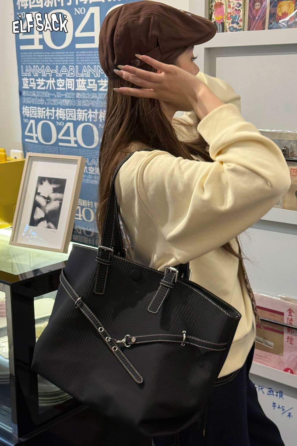 Stylish black ELFSACK minimalist tote bag for women with elegant design and spacious interior