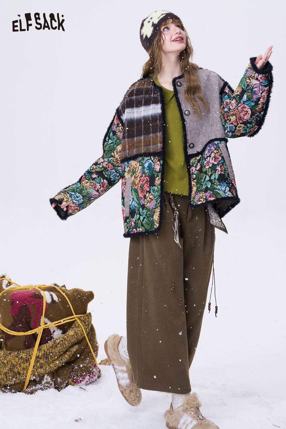 ELFSACK minimalist wide leg cropped pants paired with a floral jacket for a trendy winter look