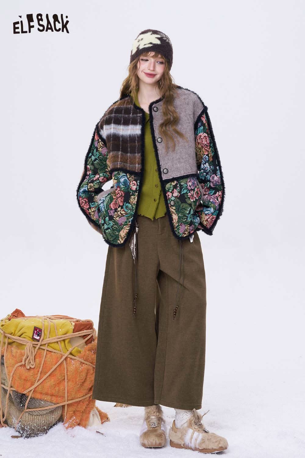 ELFSACK minimalist wide leg cropped pants styled with a floral jacket and beanie for a trendy look