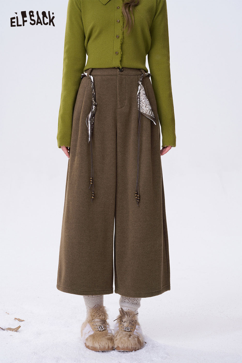 ELFSACK minimalist wide leg cropped pants in olive green with decorative ties and a comfortable fit