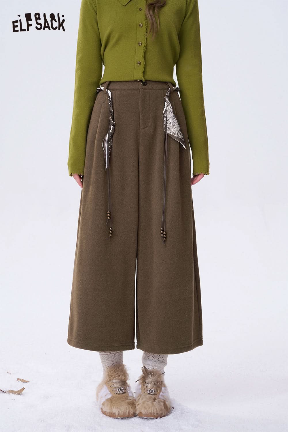 ELFSACK minimalist wide leg cropped pants in olive green with decorative ties and a comfortable fit