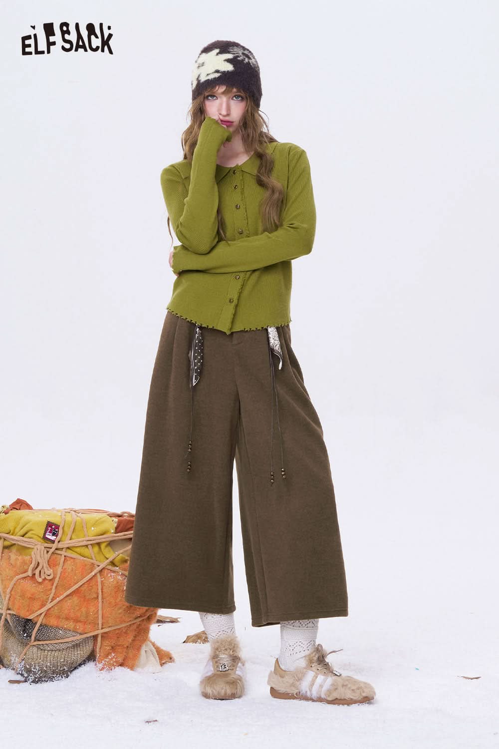 ELFSACK minimalist wide leg cropped pants styled with a green cardigan and cozy accessories