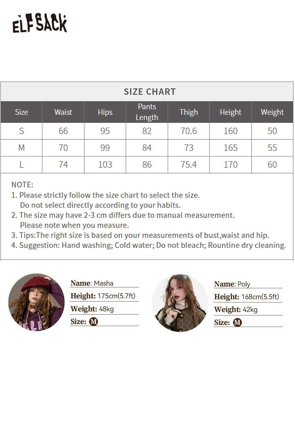 ELFSACK minimalist wide leg cropped pants size chart with measurements for waist, hips, and length