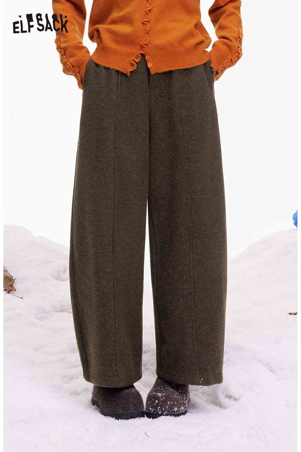 ELFSACK minimalist wide leg pants women in olive green, perfect for stylish winter outfits