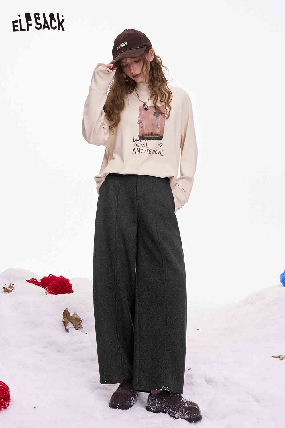 ELFSACK minimalist wide leg pants women in dark grey for a chic, casual look