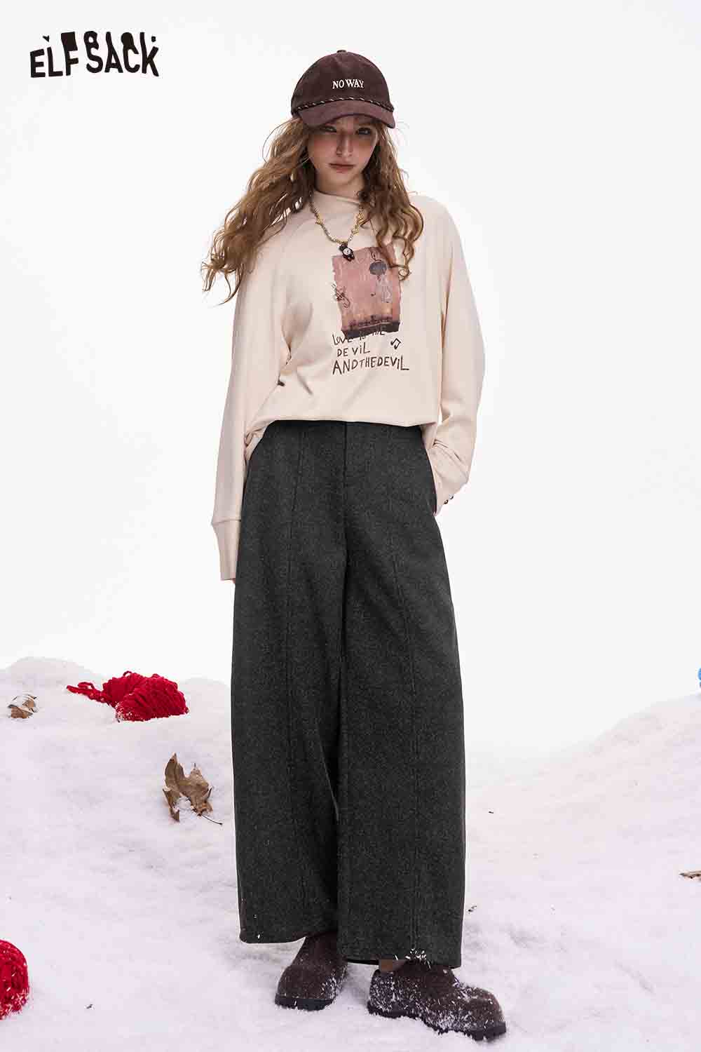 ELFSACK minimalist wide leg pants women in dark grey paired with graphic sweatshirt and stylish accessories