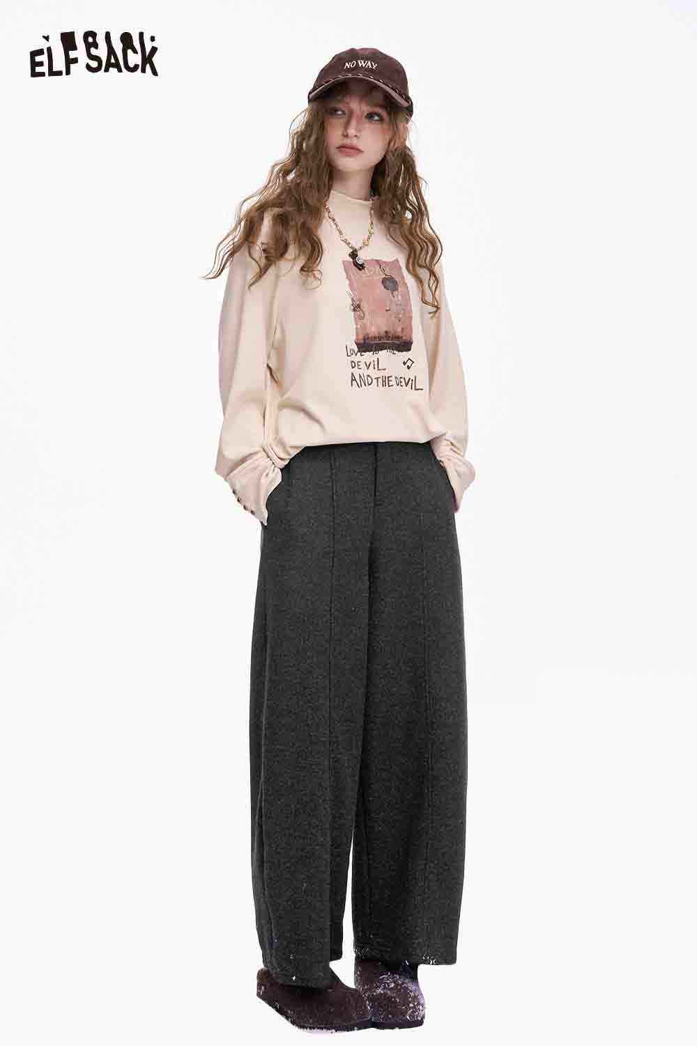 ELFSACK minimalist wide leg pants women in grey paired with a stylish oversized sweatshirt