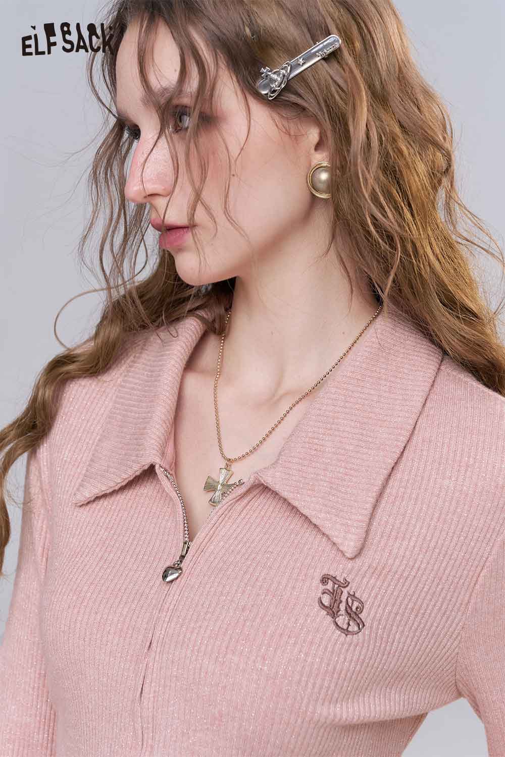 ELFSACK minimalist embroidered cardigan for women in soft pink with a stylish collar and zipper
