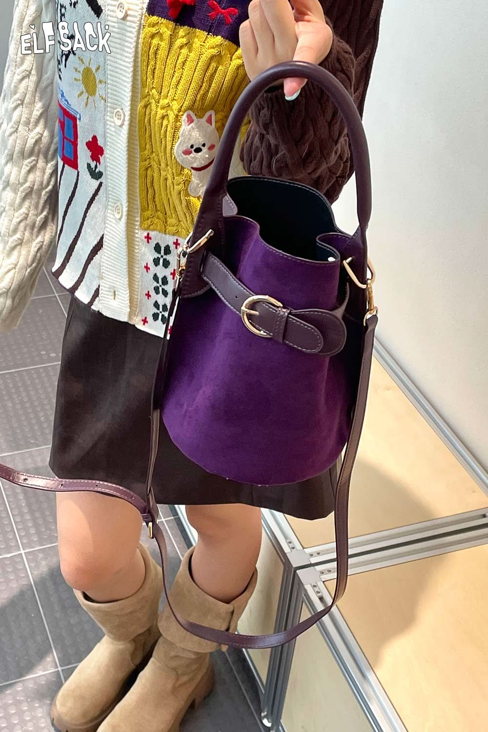 ELFSACK nubuck leather crossbody bag in purple with stylish bucket design and adjustable strap