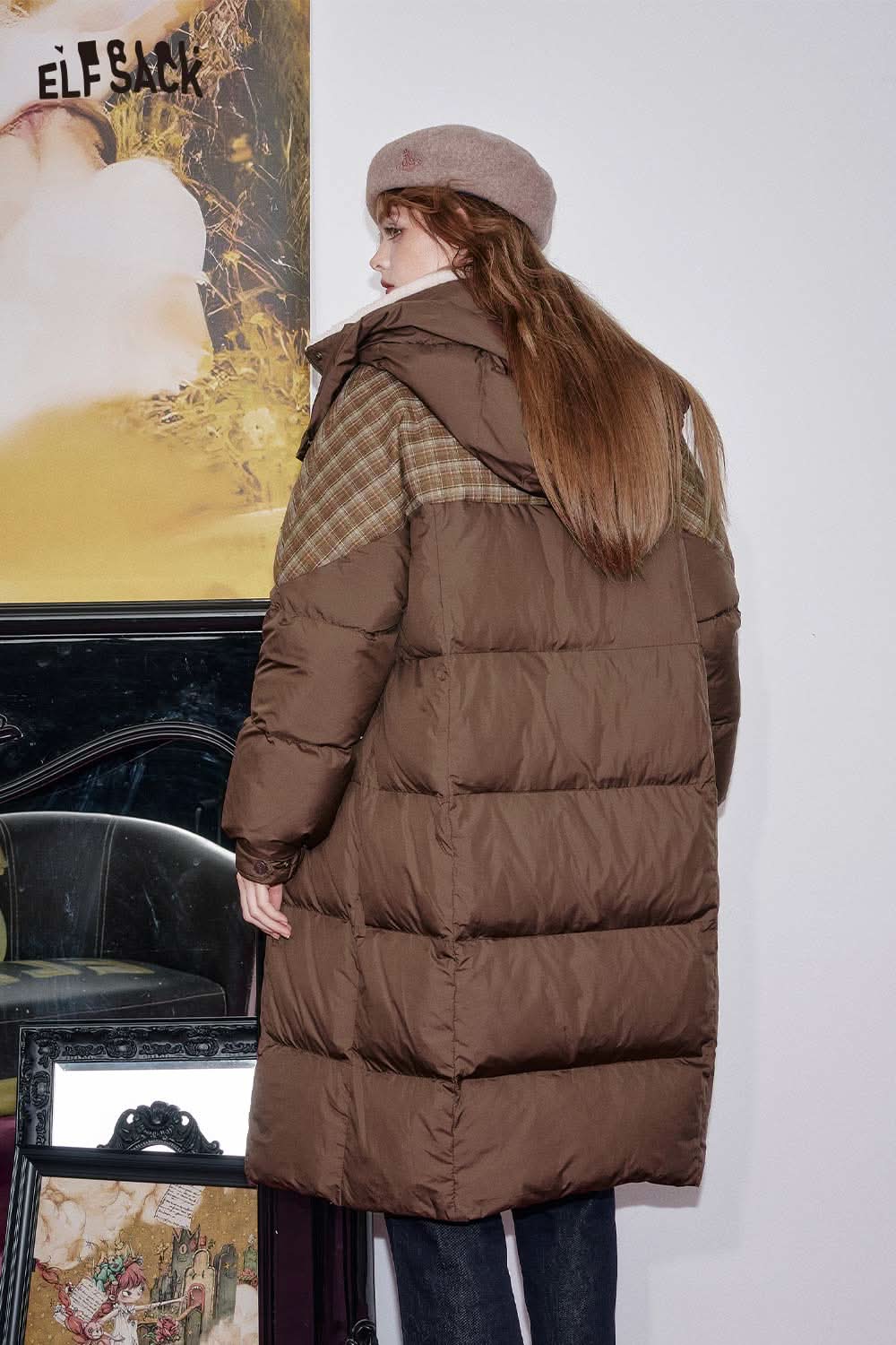 ELFSACK women's longline puffer coat in brown with quilted details and a cozy hood