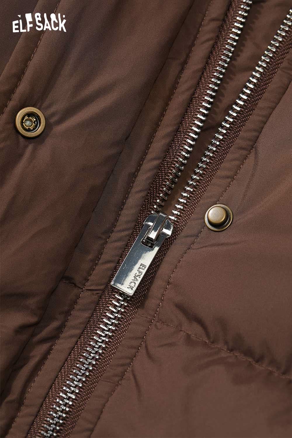 Close-up of a brown ELFSACK women's longline puffer coat featuring a sturdy zipper and button details