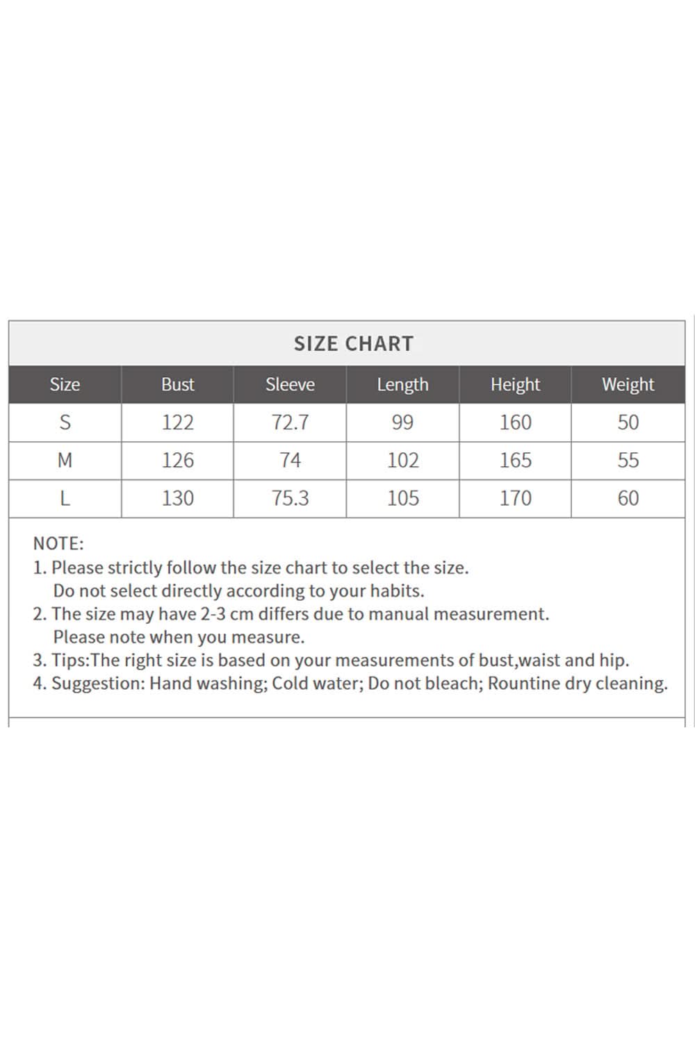 ELFSACK women's longline puffer coat size chart with measurements for bust, sleeve, length, height, and weight