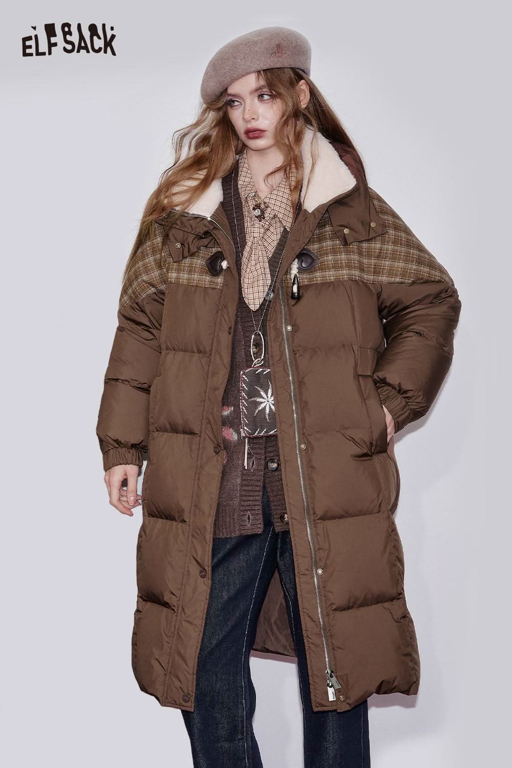 ELFSACK women's longline puffer coat in brown with a stylish plaid pattern and cozy collar