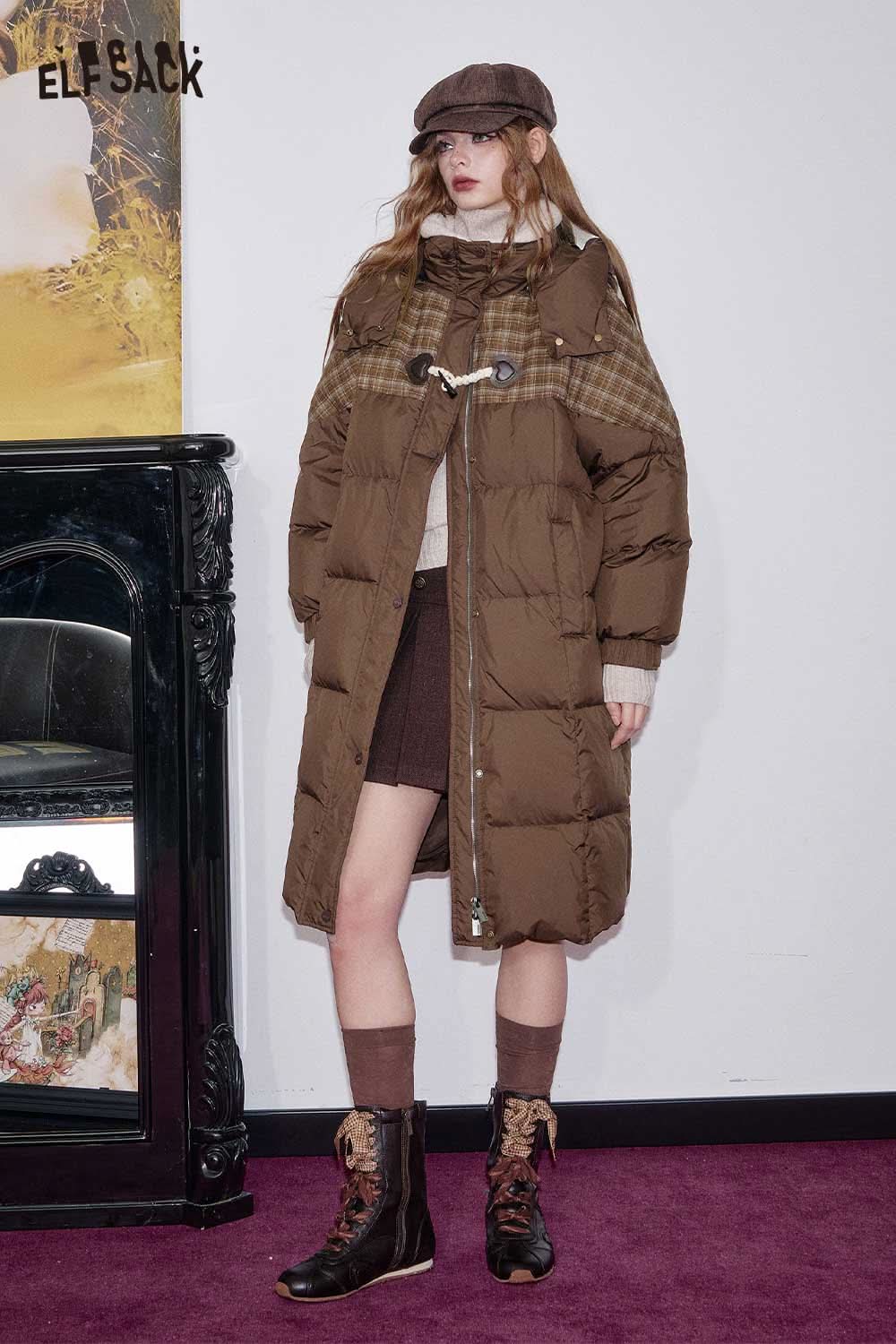 ELFSACK women's longline puffer coat in brown with a stylish plaid design, perfect for winter fashion
