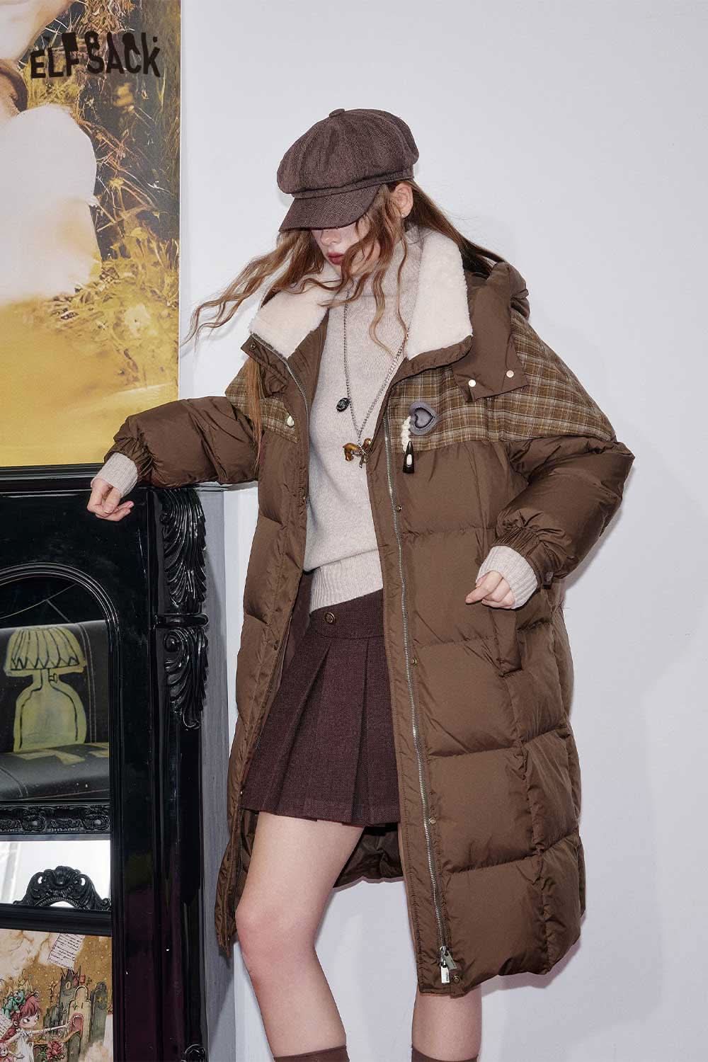 ELFSACK women's longline puffer coat in brown with a stylish plaid design and cozy faux fur collar