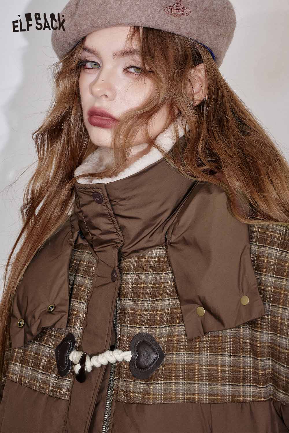 ELFSACK women's longline puffer coat featuring a chic plaid design and stylish button details