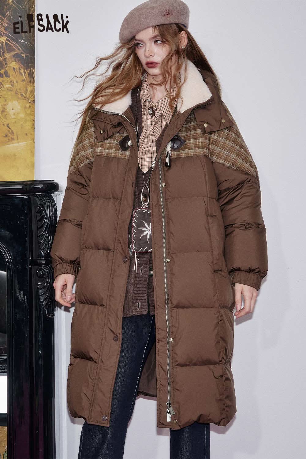 ELFSACK women's longline puffer coat in brown with stylish plaid detailing and a cozy collar