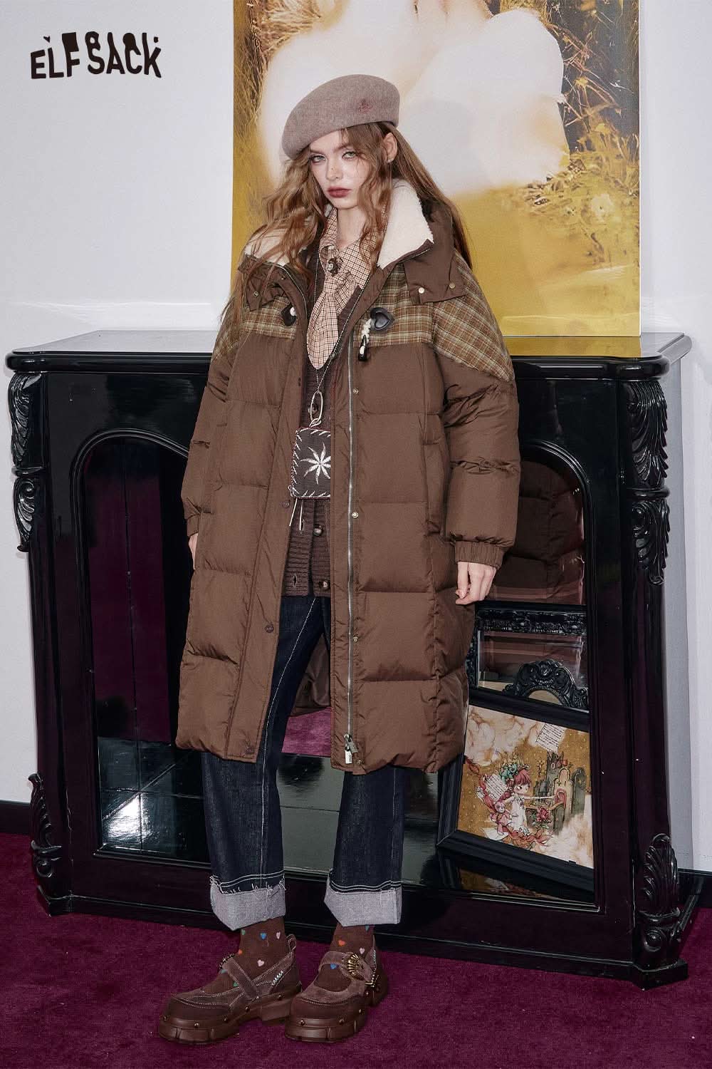 ELFSACK women's longline puffer coat in brown with a stylish design for winter fashion.