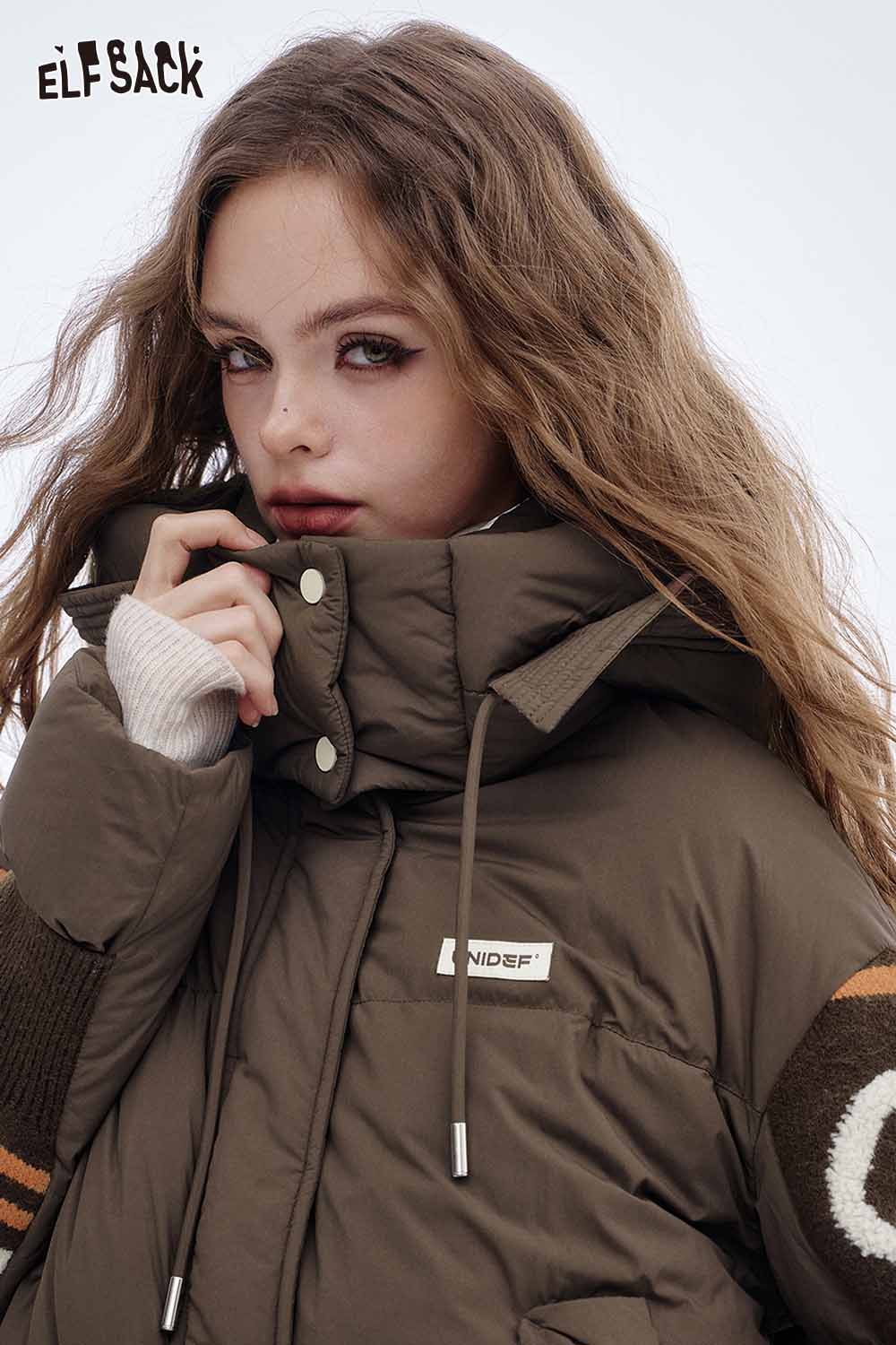 ELFSACK nylon collar down jacket for women in brown with a stylish high collar and cozy design