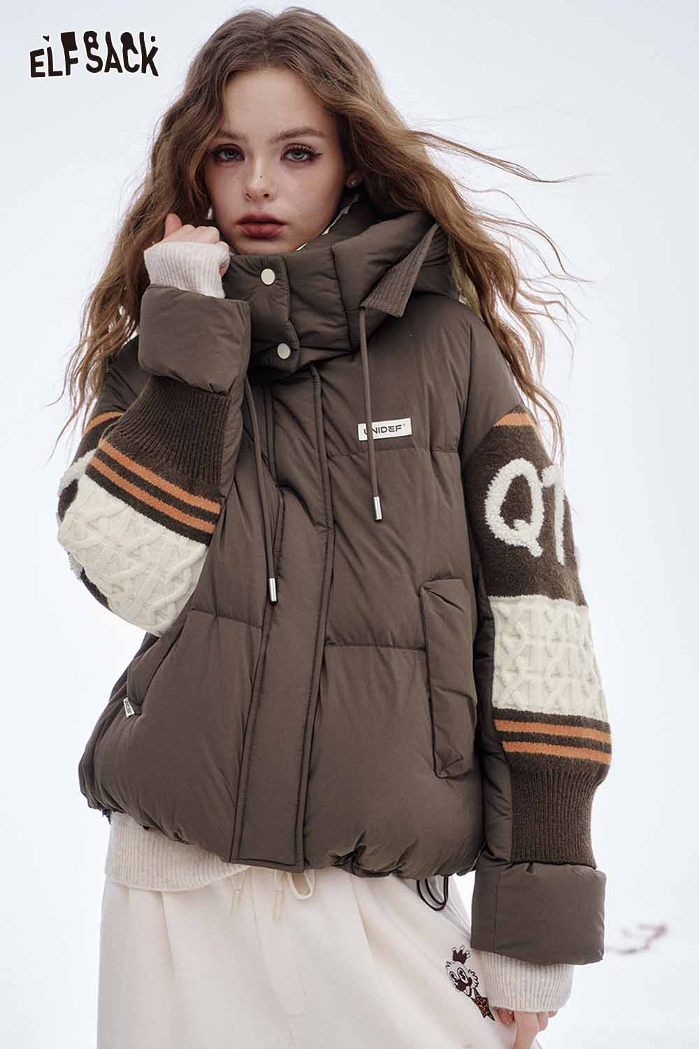 ELFSACK nylon collar down jacket for women in brown with stylish knit sleeve details