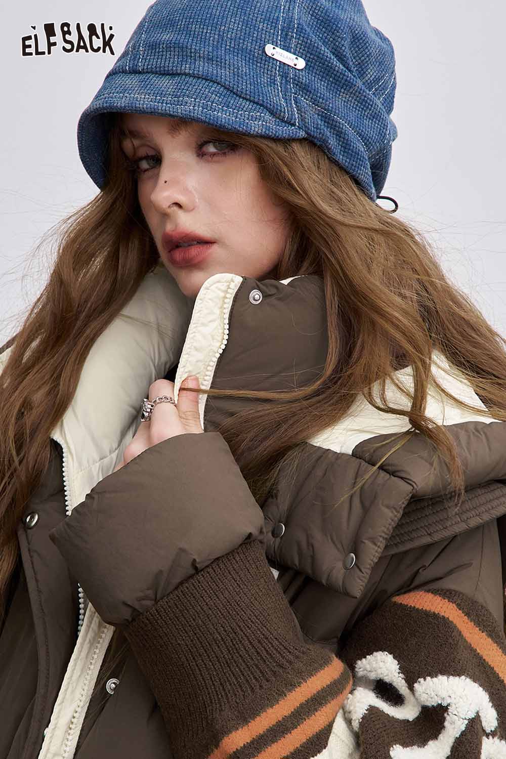 ELFSACK nylon collar down jacket for women with a stylish brown design and cozy oversized fit