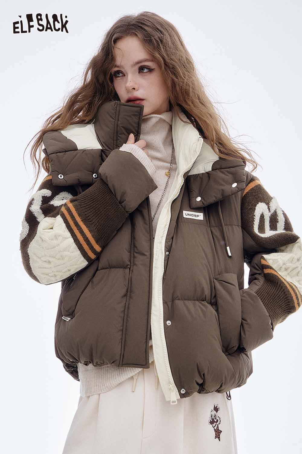 ELFSACK nylon collar down jacket for women in brown with stylish oversized design and unique details