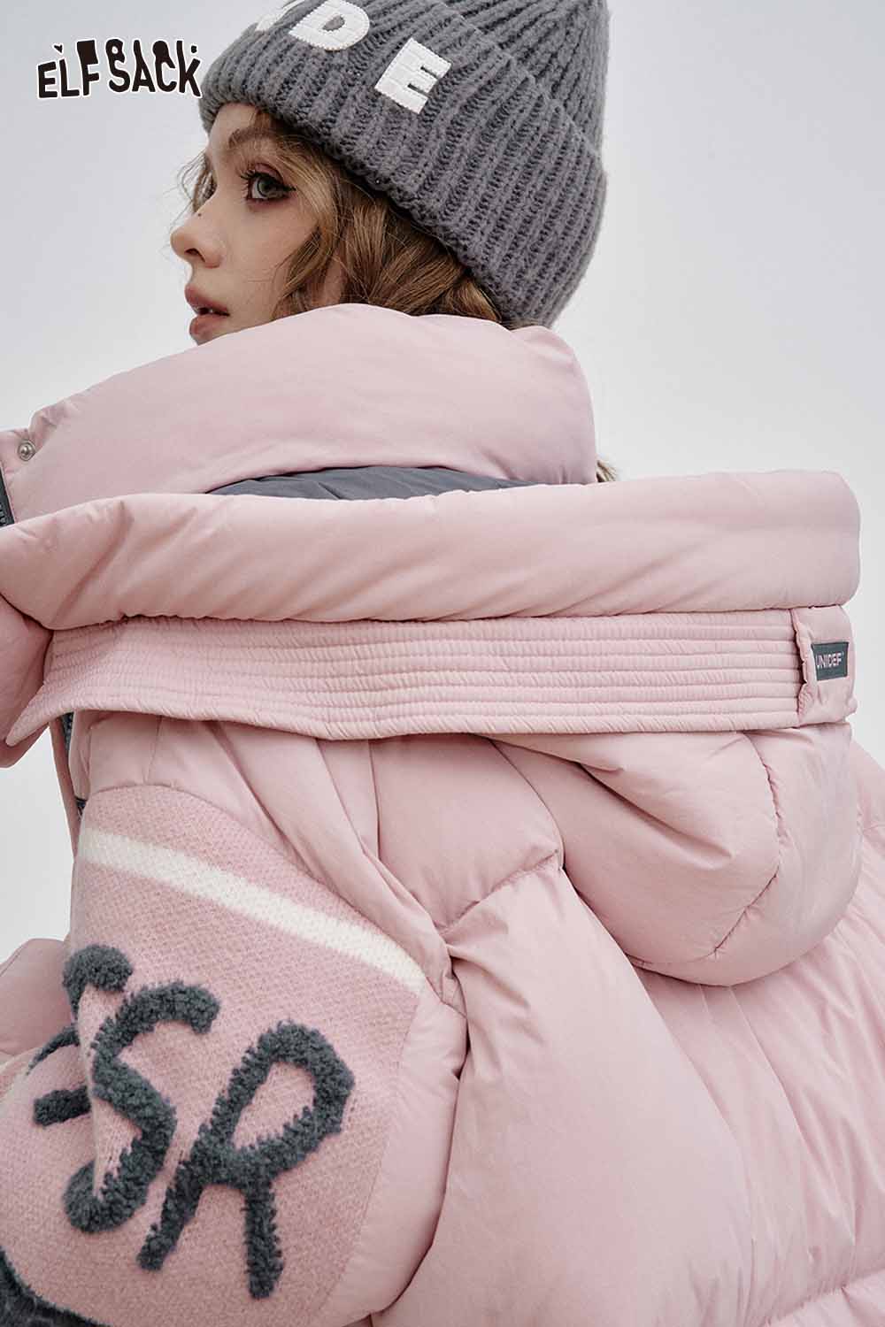 ELFSACK pink nylon collar down jacket for women with stylish embroidery and cozy design