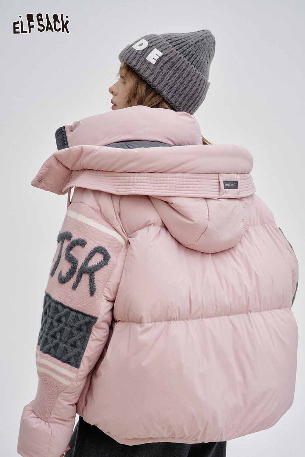 ELFSACK pink nylon collar down jacket for women with stylish oversized design and bold embroidery