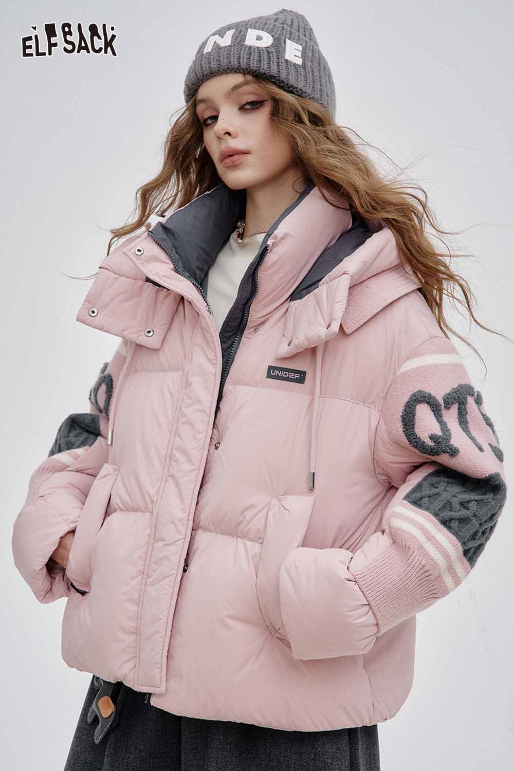 ELFSACK nylon collar down jacket for women in pink with stylish design and cozy fit
