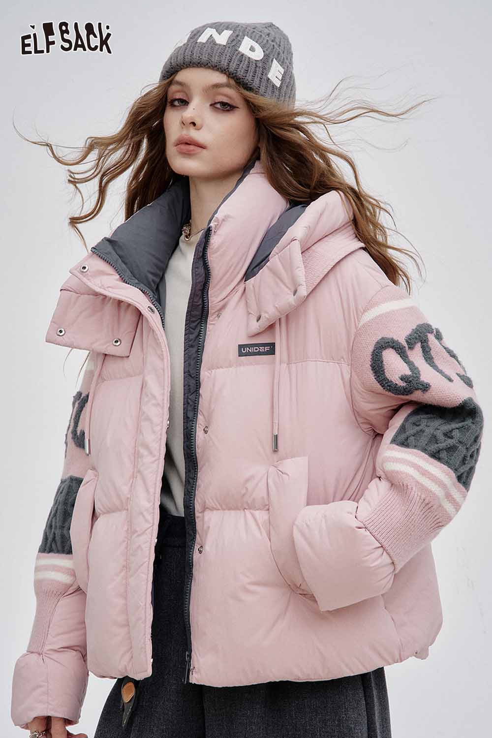 ELFSACK nylon collar down jacket for women in pink with stylish oversized design and graphic details