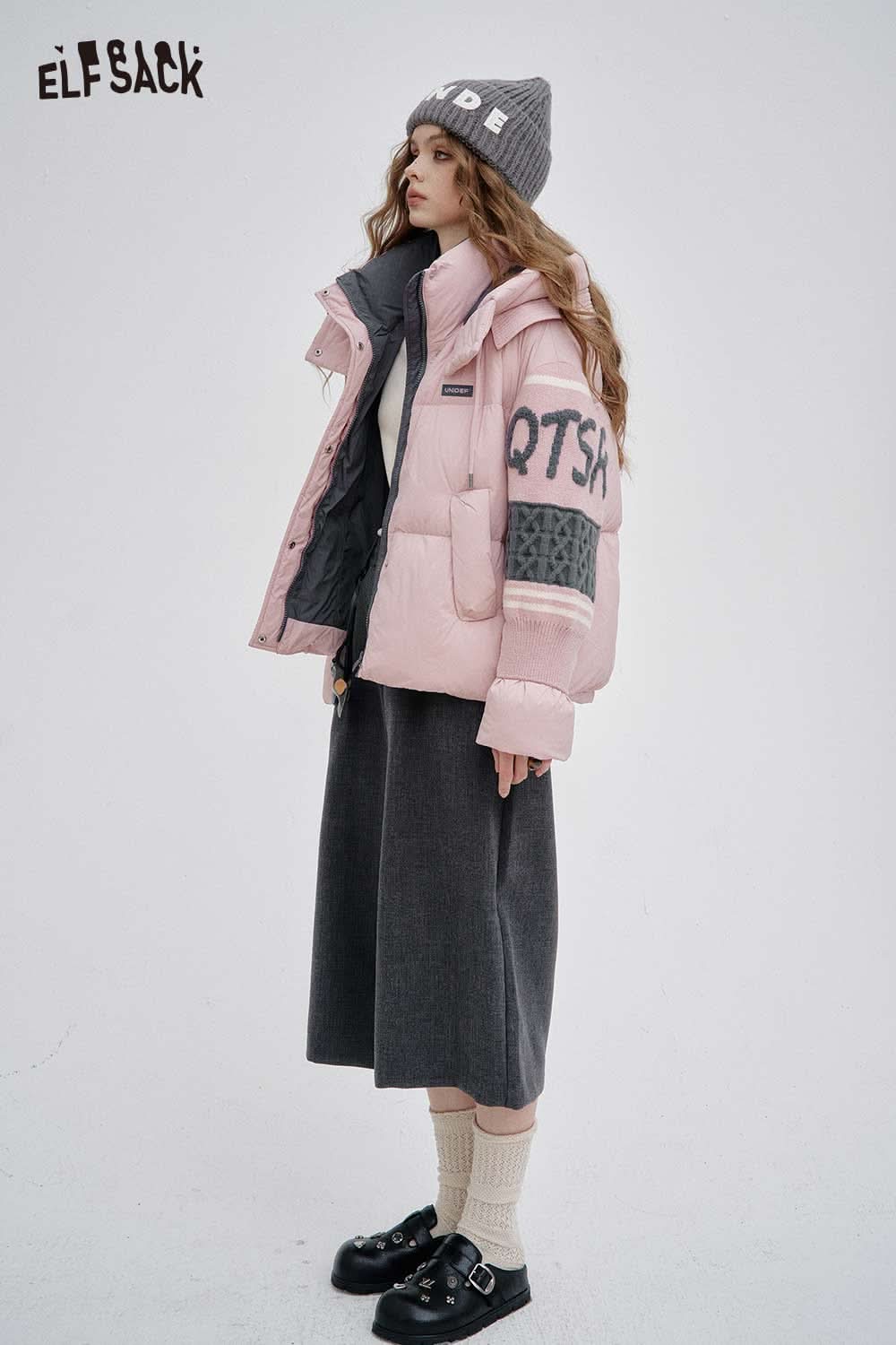 ELFSACK nylon collar down jacket for women in pink with stylish design and cozy fit