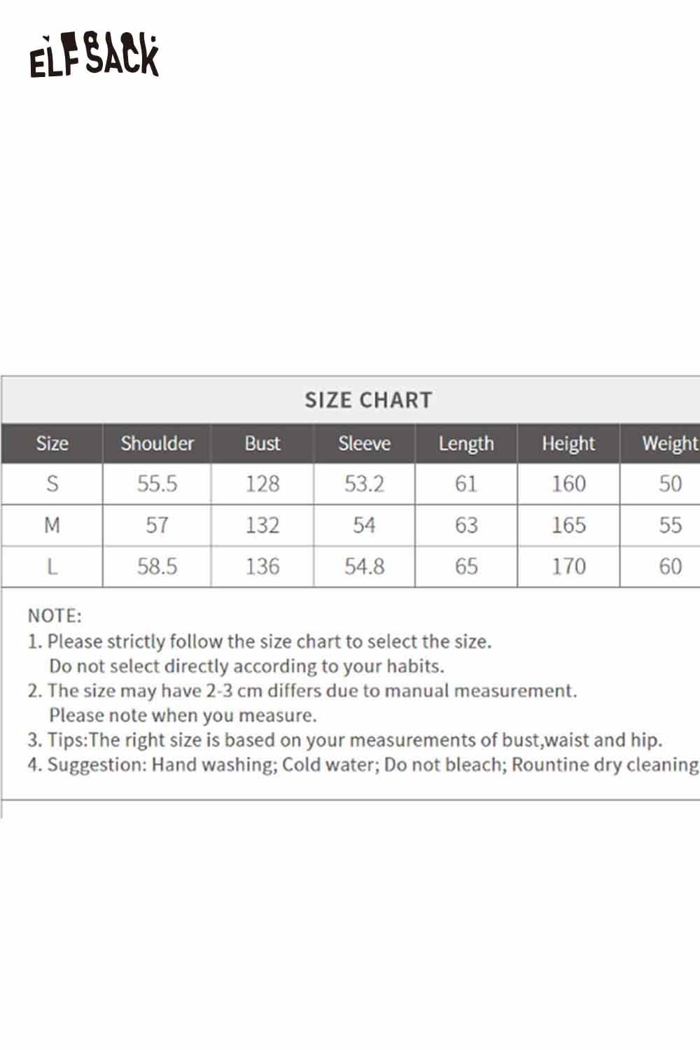 Size chart for ELFSACK nylon collar down jacket for women with measurements for small and medium sizes