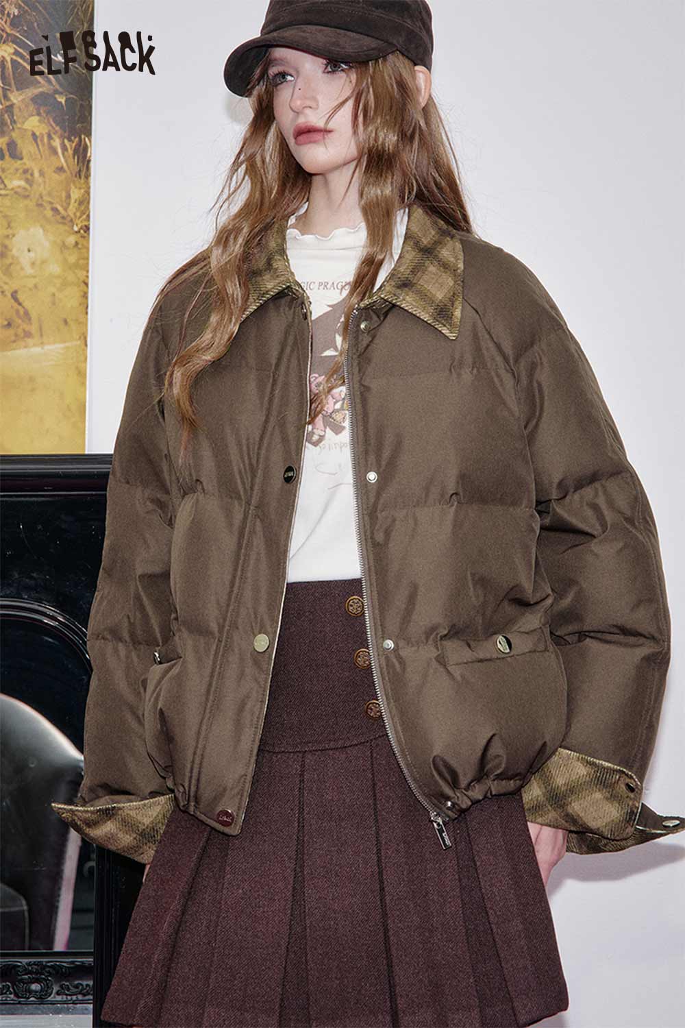 ELFSACK oversized quilted plaid coat in brown with a comfortable fit, perfect for stylish warmth