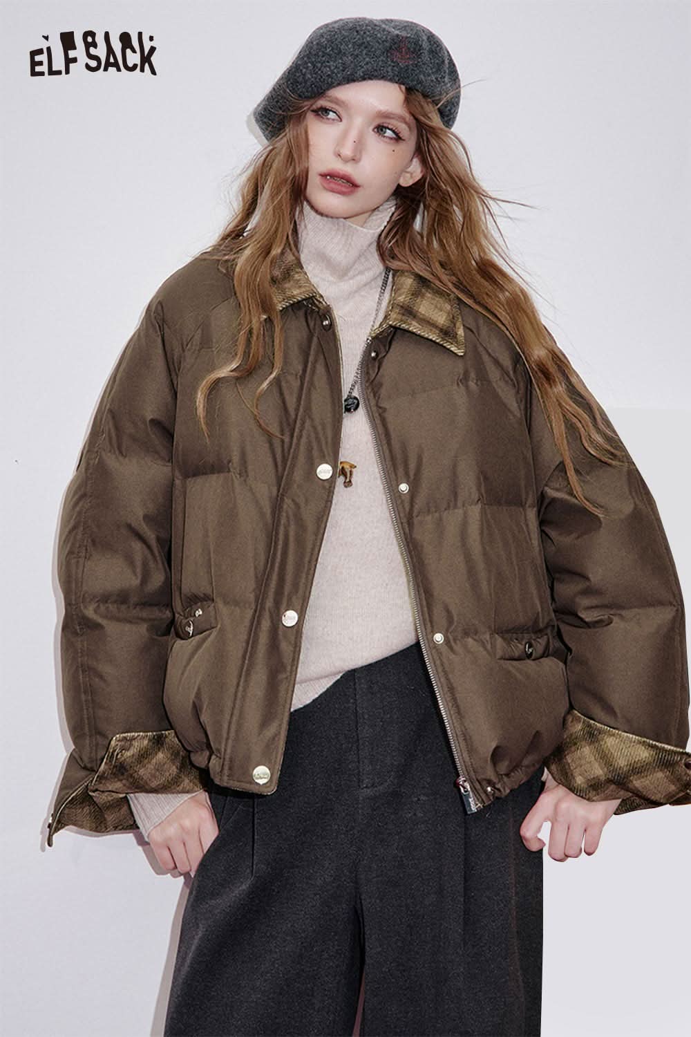 ELFSACK oversized quilted plaid coat in brown with a relaxed fit and stylish design for a trendy look