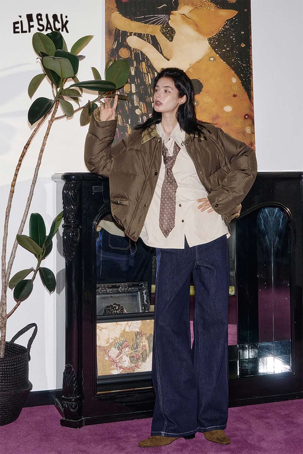ELFSACK oversized quilted plaid coat styled with wide-leg jeans and a unique tie for a trendy look