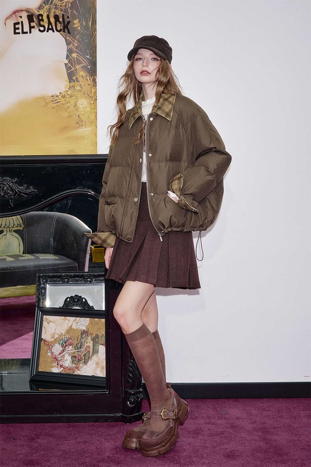 ELFSACK oversized quilted plaid coat in brown, perfect for stylish layering in cool weather