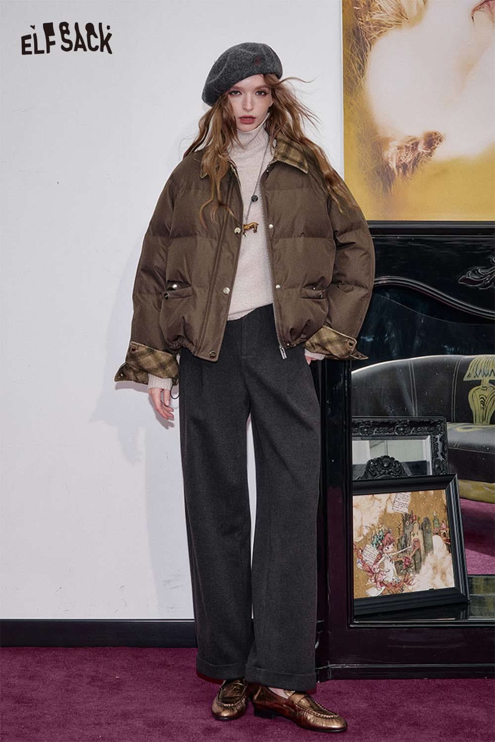 ELFSACK oversized quilted plaid coat in olive green, styled with wide-legged pants and a beret