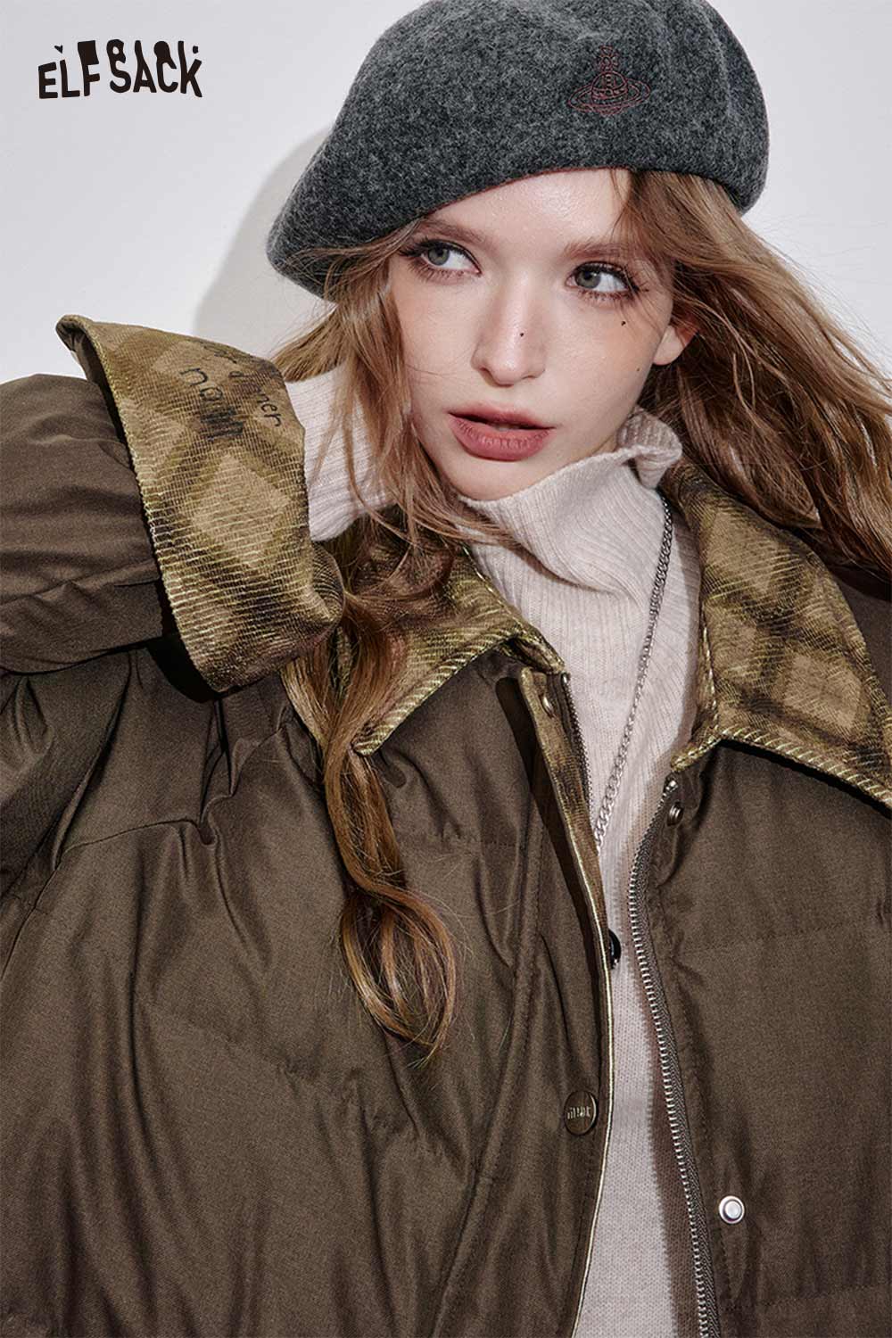 ELFSACK oversized quilted plaid coat in dark green with stylish collar for fashionable winter wear